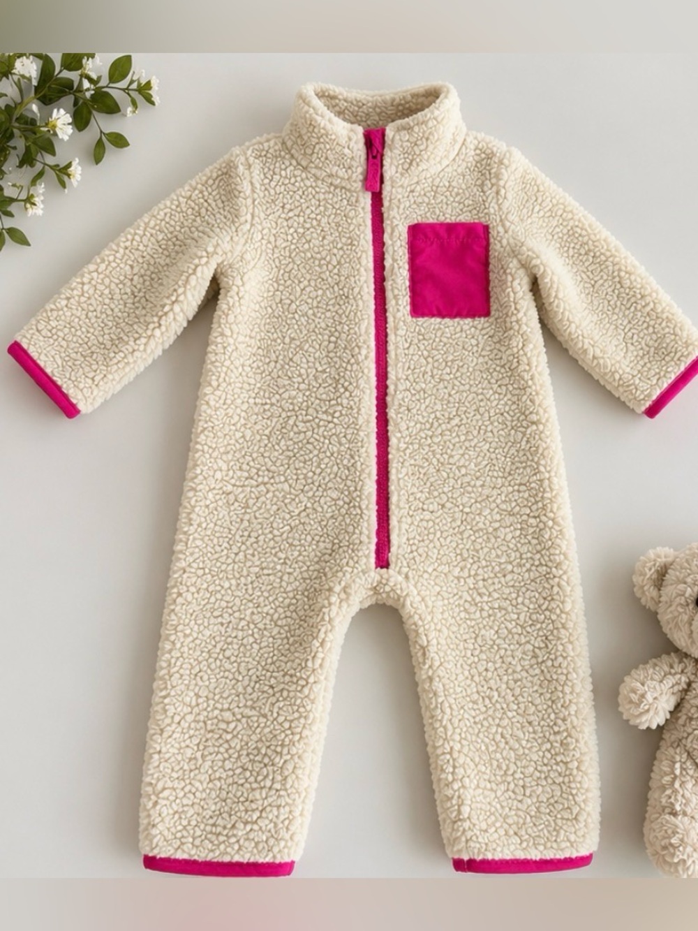 Carter’s Baby Girl 12M Sherpa Fleece One-Piece Jumpsuit Cream Pink Full Zip